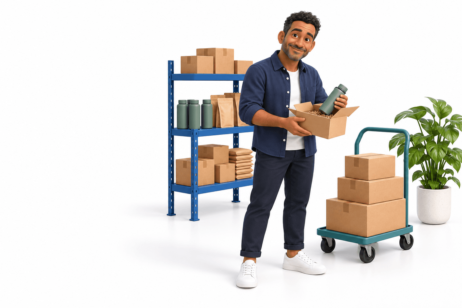 3D business owner standing in his workplace checking an order beside stock shelves and a delivery trolley