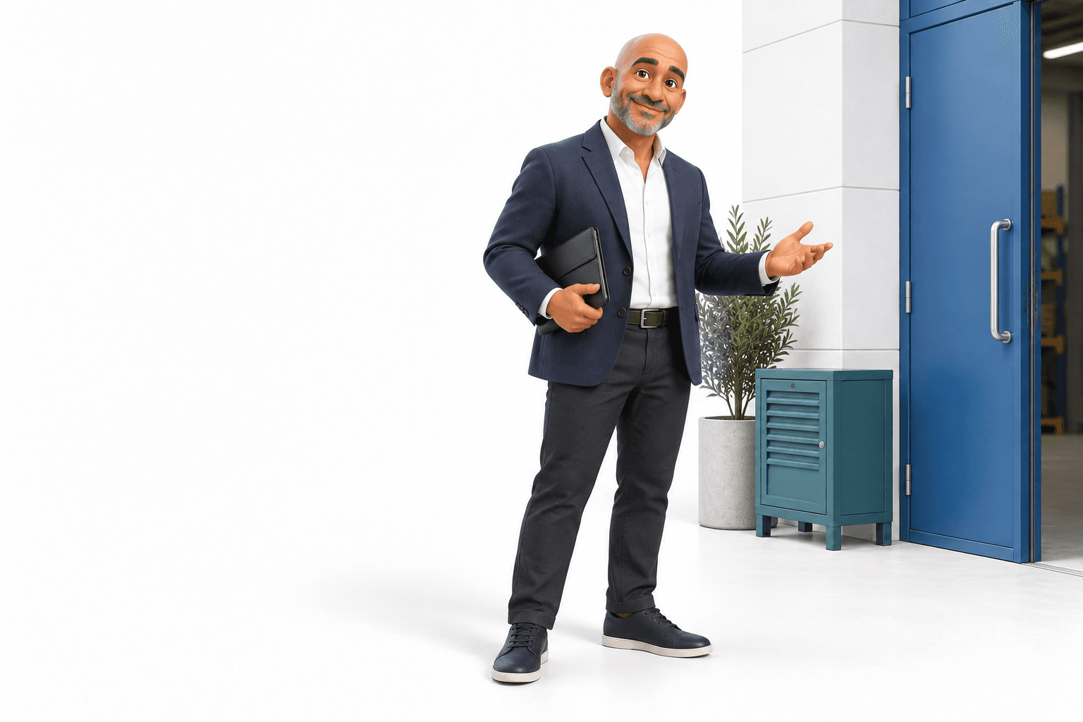 3D commercial business leader standing on a site walkthrough beside an industrial entrance