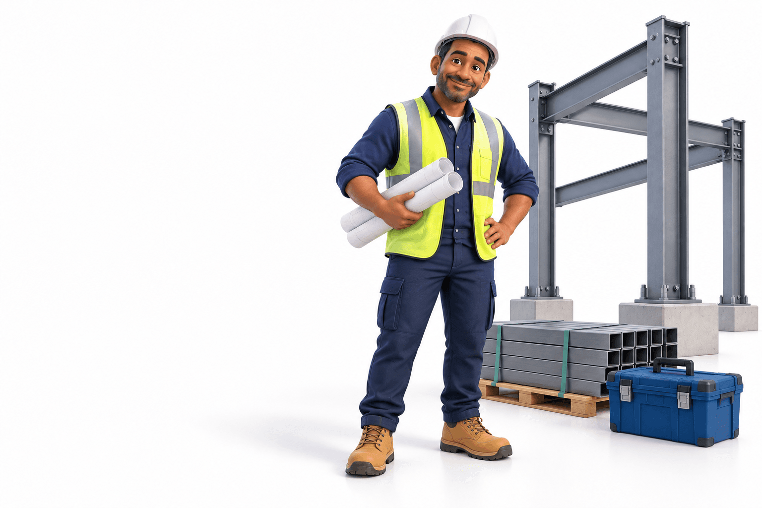 3D construction business owner standing on site with plans beside structural steel and tools