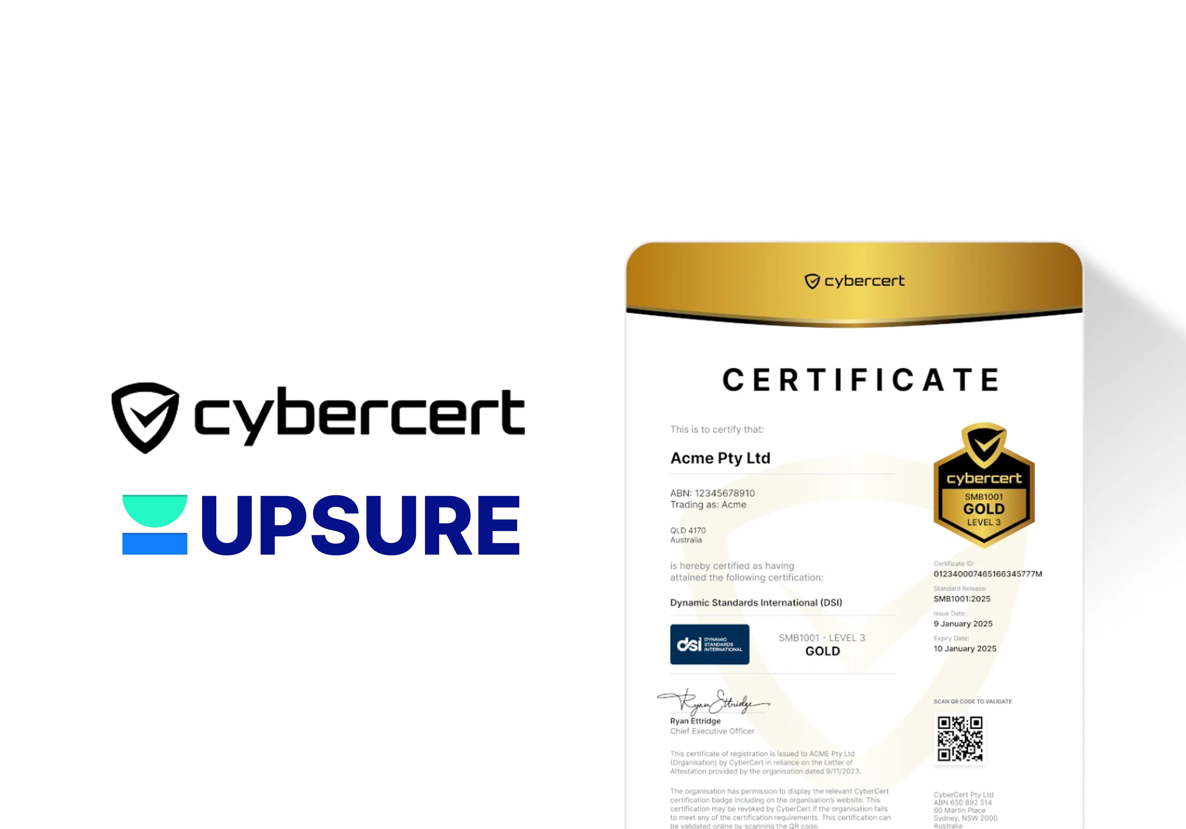 CyberCert and UpSure Gold certificate partnership graphic