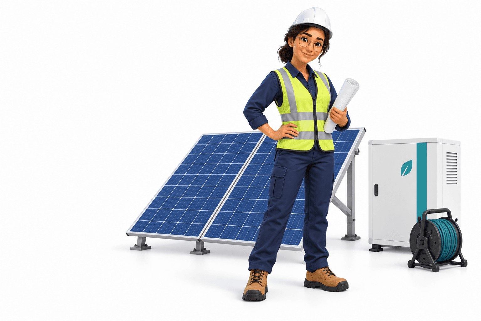 3D energy project leader standing in safety equipment beside solar panels and a battery cabinet