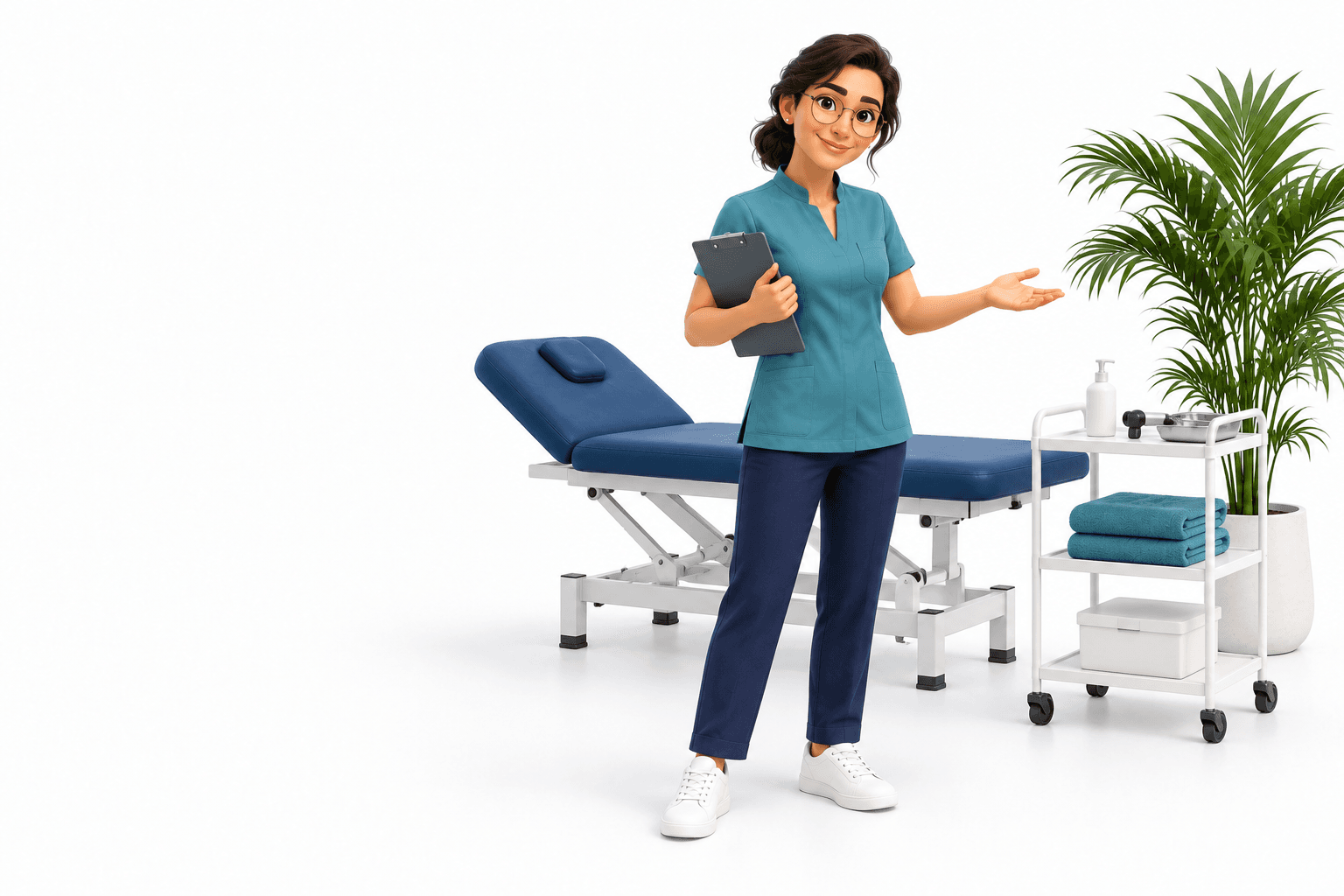 3D healthcare practice owner standing beside an examination couch and clinical equipment trolley