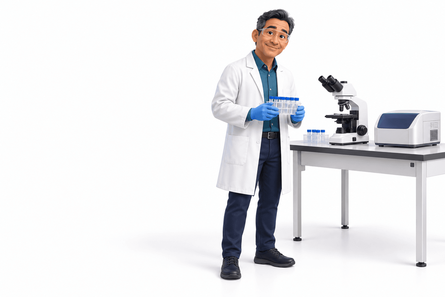 3D life sciences founder standing in a laboratory with a sample rack beside a microscope and laboratory equipment