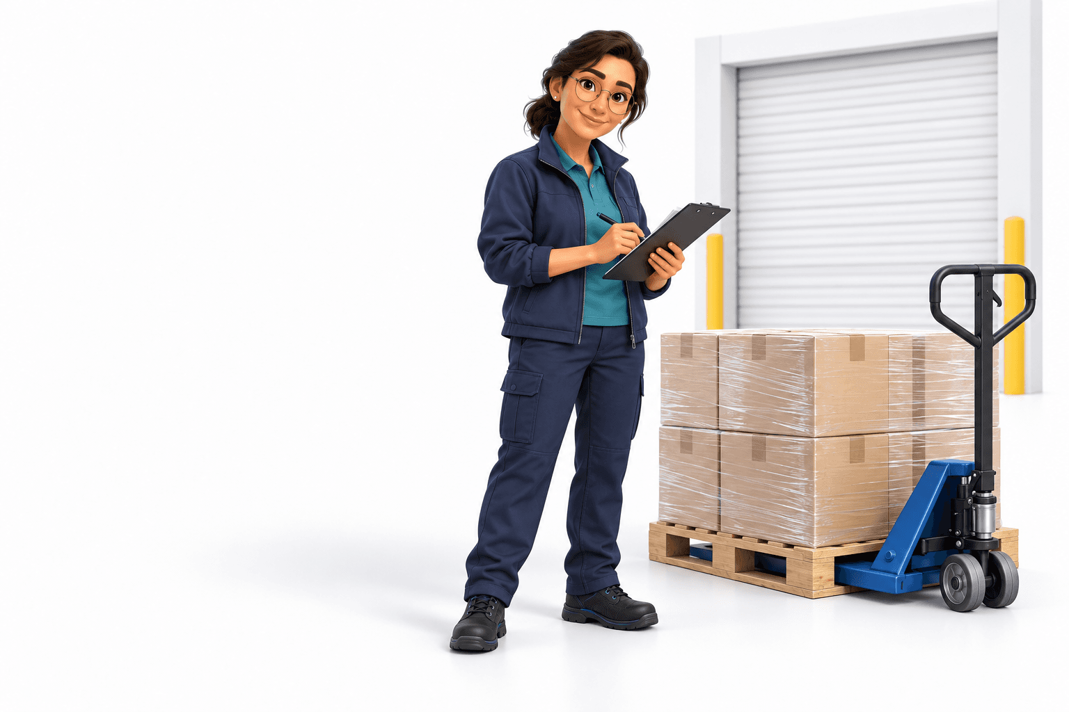 3D logistics owner standing in a dispatch area beside palletised goods and a pallet jack
