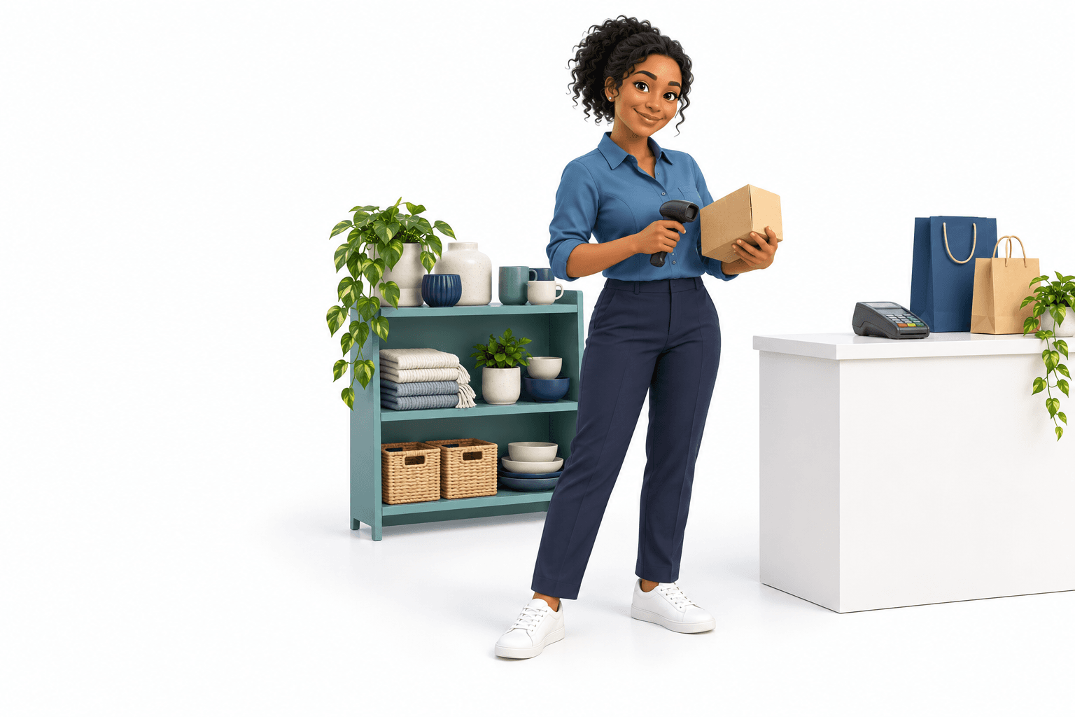 3D retail owner standing in her shop with a stock scanner beside homewares shelves and a checkout